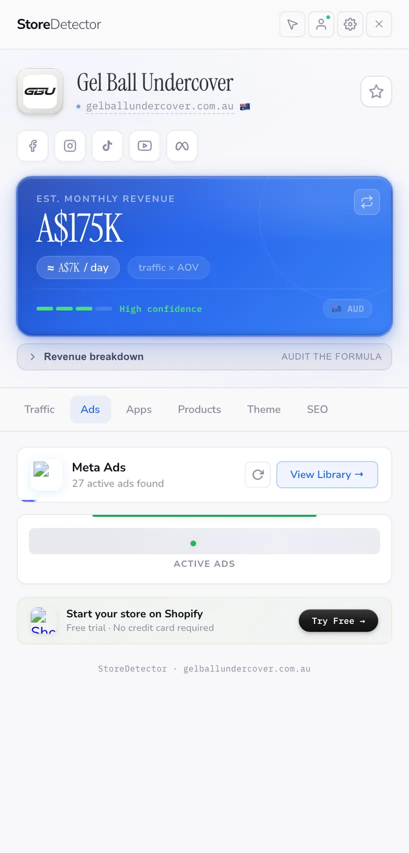 Store Detector ads panel showing the number of live Meta ads for a Shopify store with links to the creatives