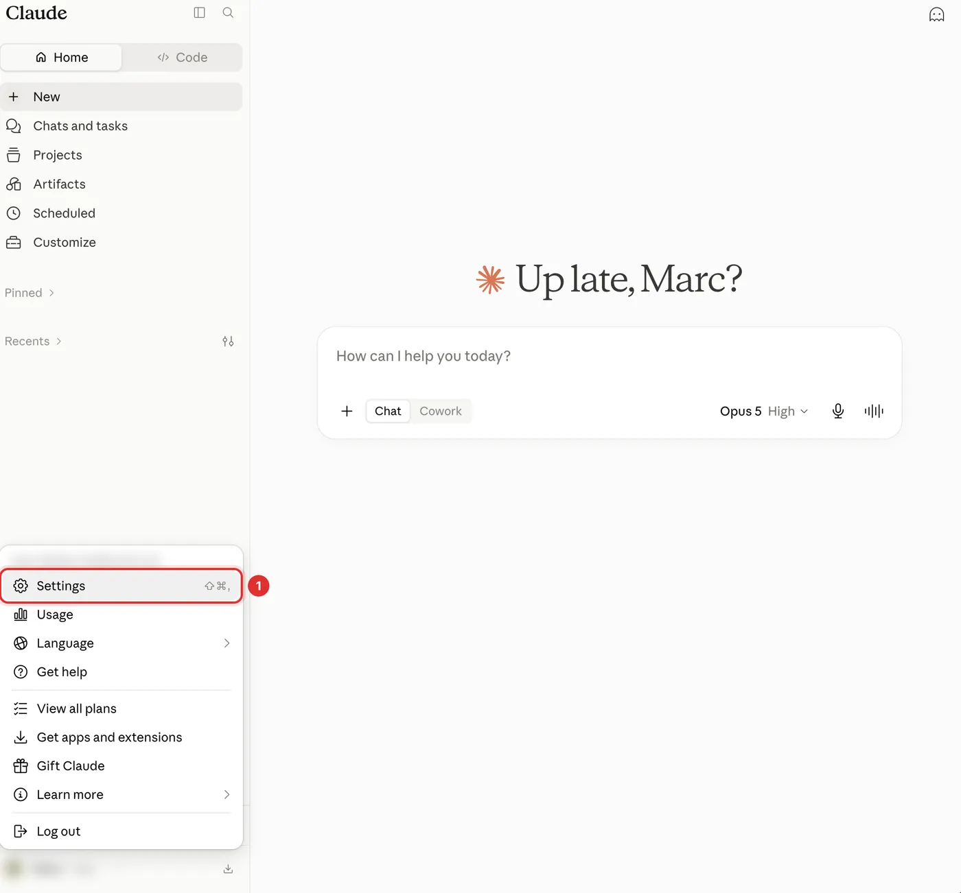 The Claude.ai sidebar with the profile menu open and Settings highlighted