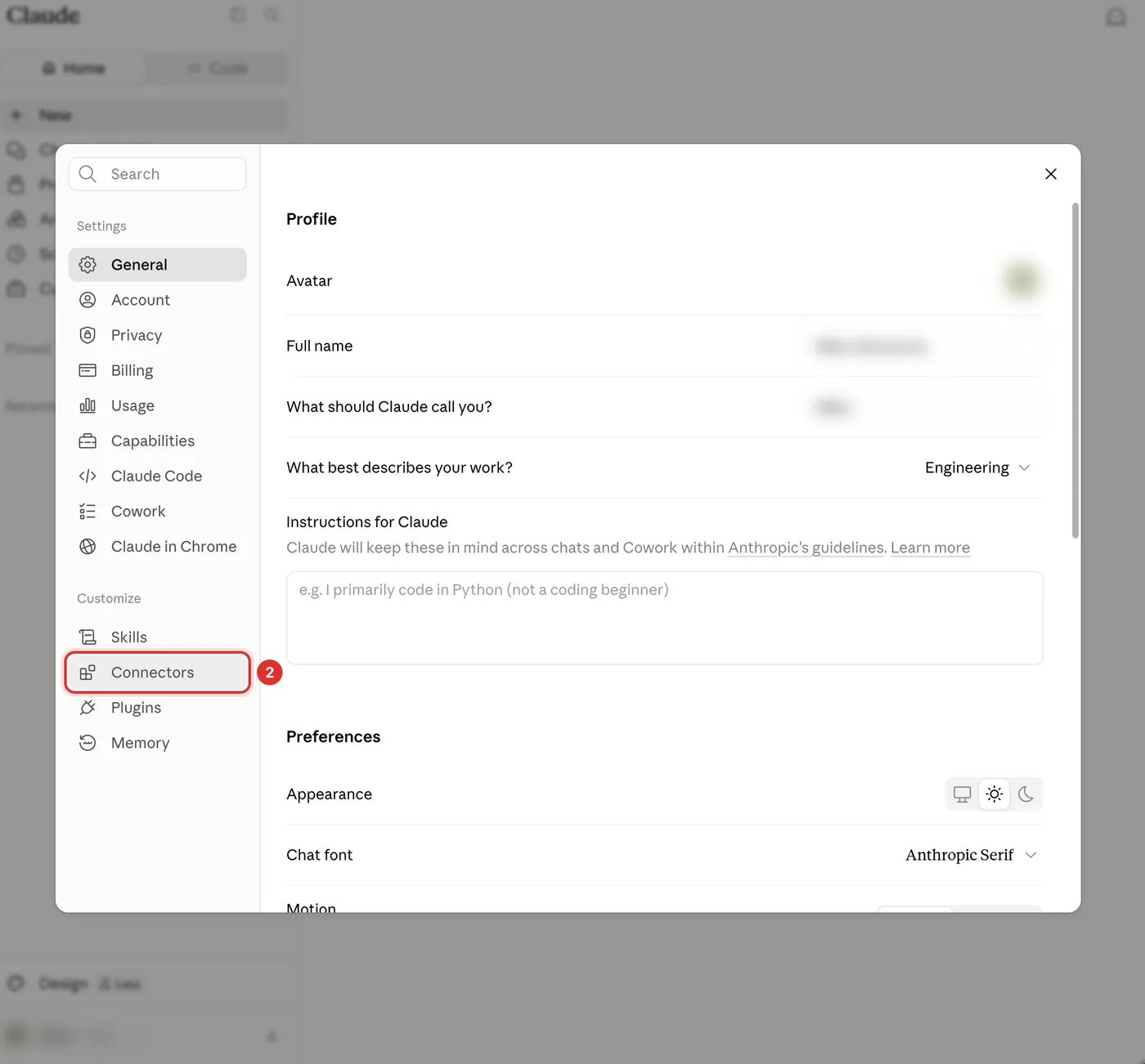 The Claude.ai Settings dialog showing Connectors under the Customize heading