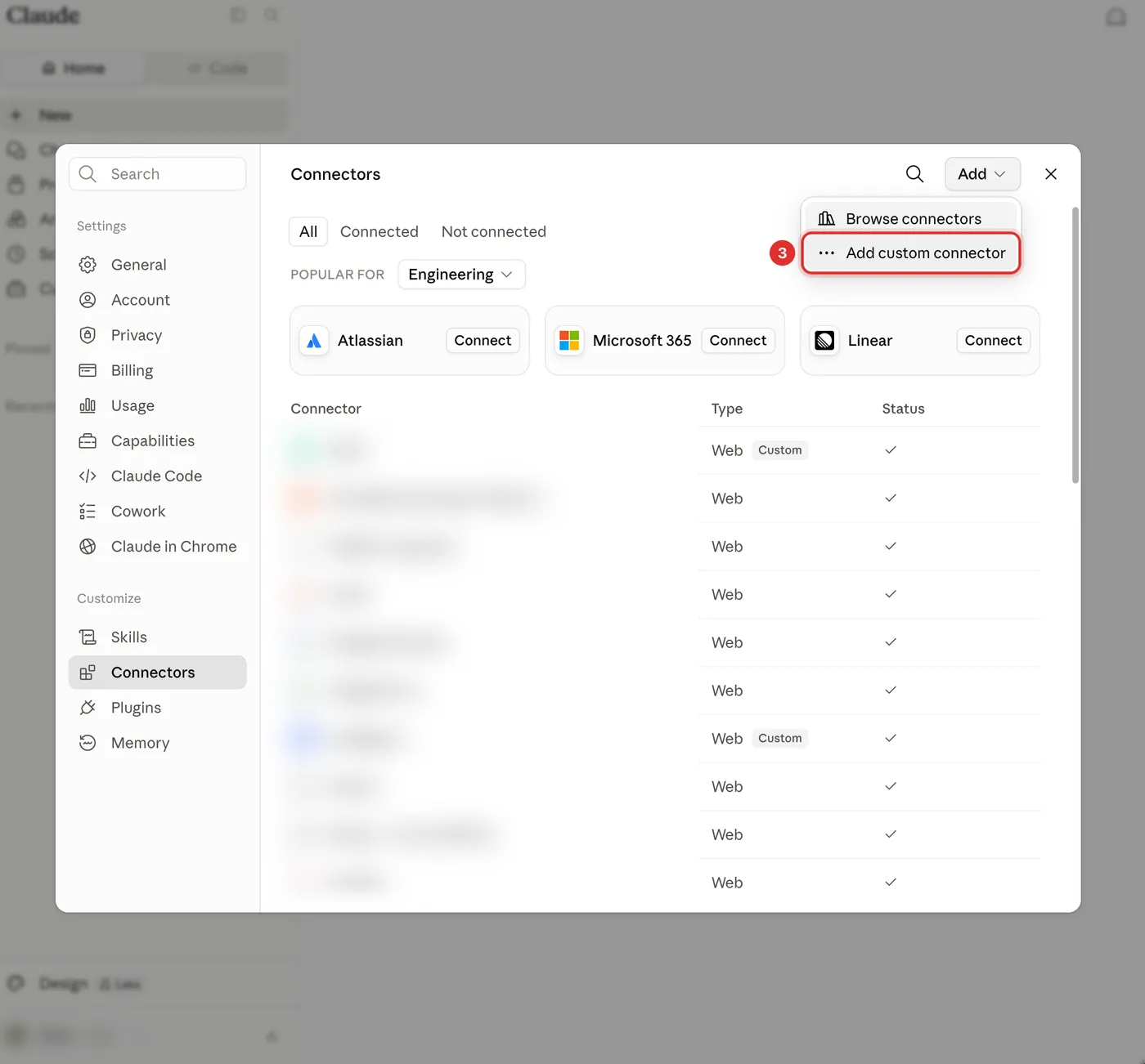 The connector list in Claude.ai with the Add menu open, showing Add custom connector