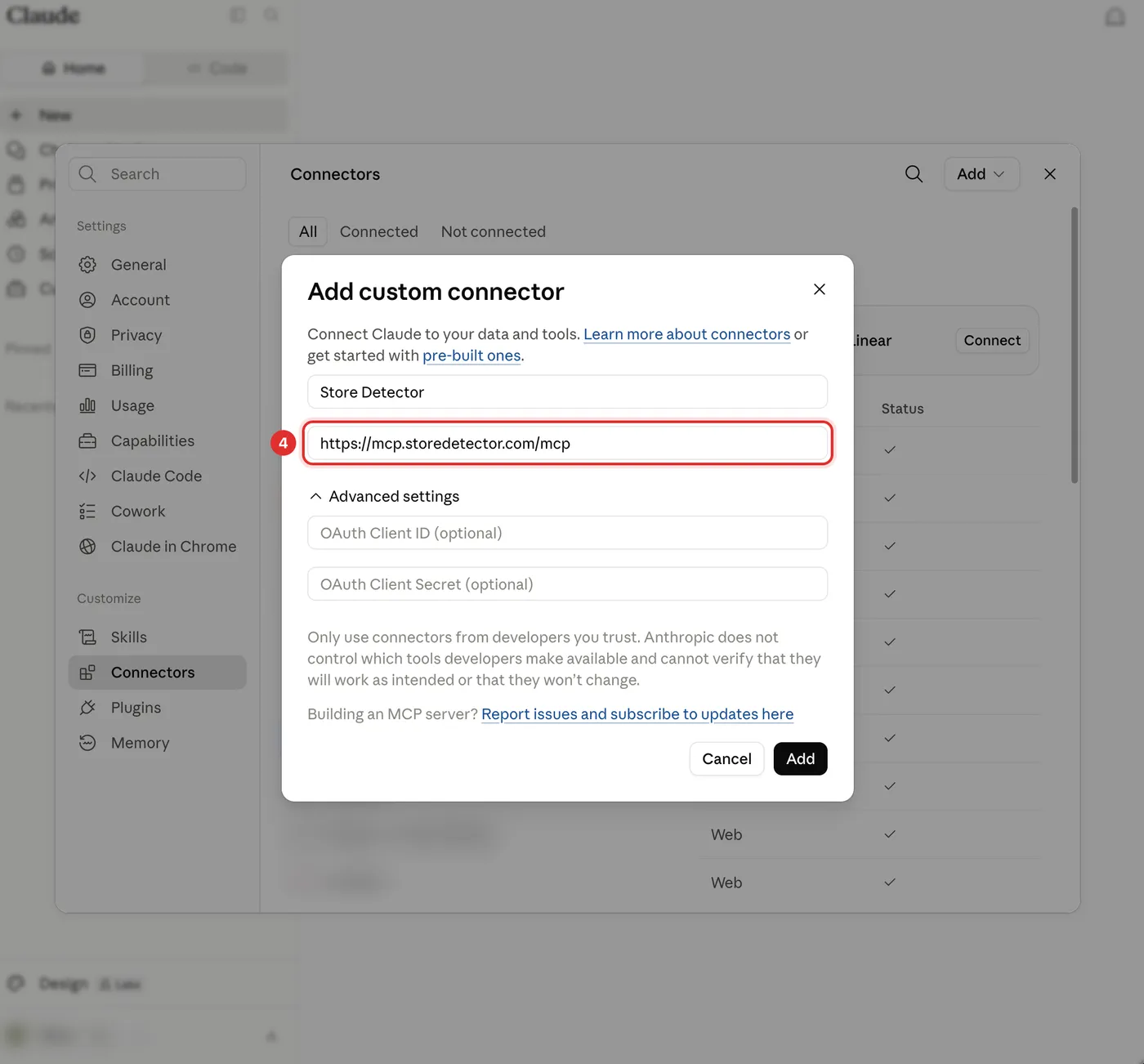 The Add custom connector dialog with a name and a remote MCP server URL filled in