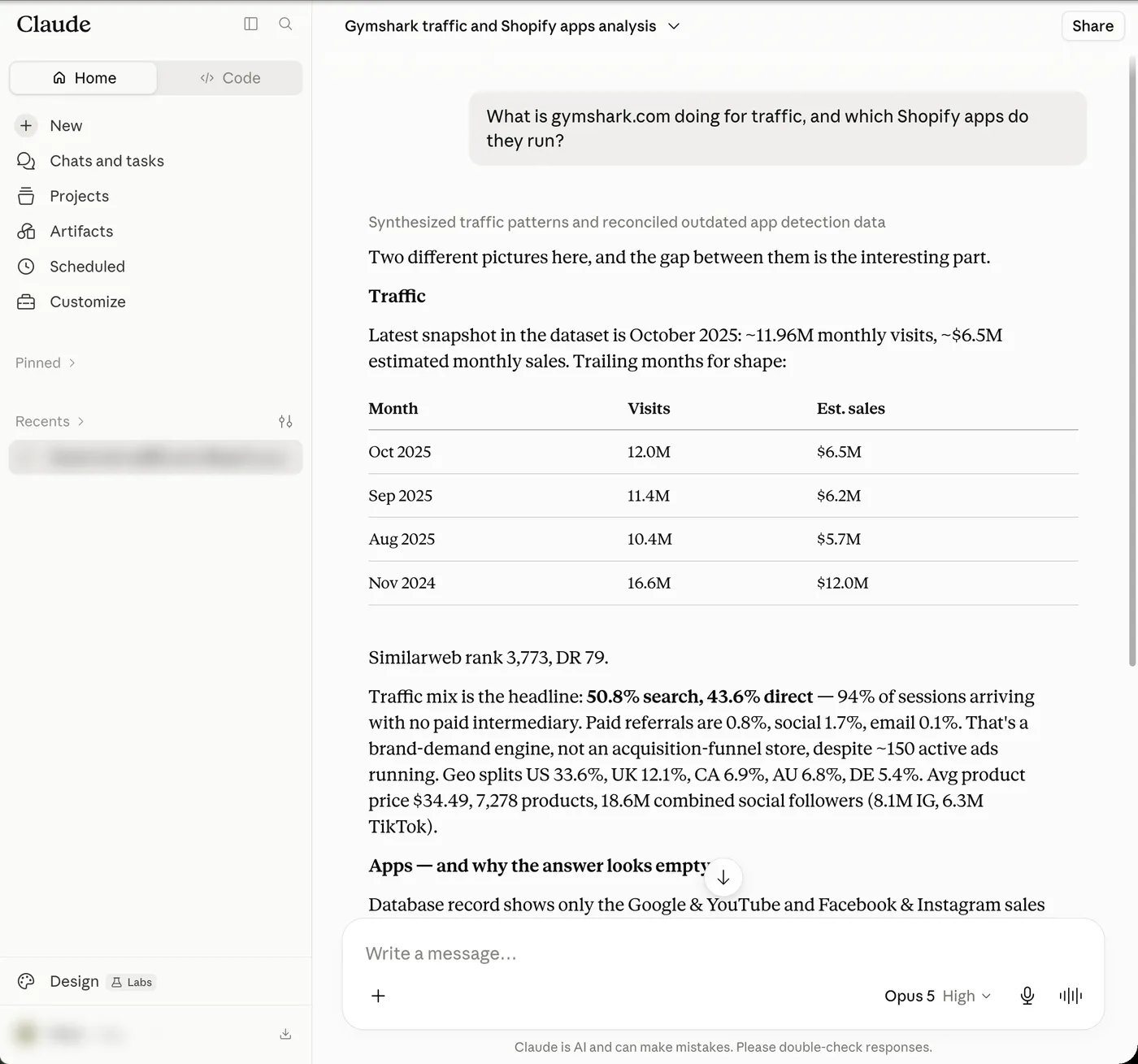 A Claude chat answering a question about a Shopify store using the Store Detector connector