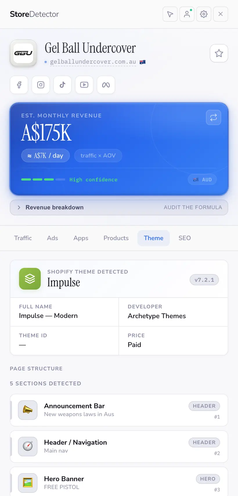 Store Detector theme panel naming the Shopify theme in use and listing the page sections